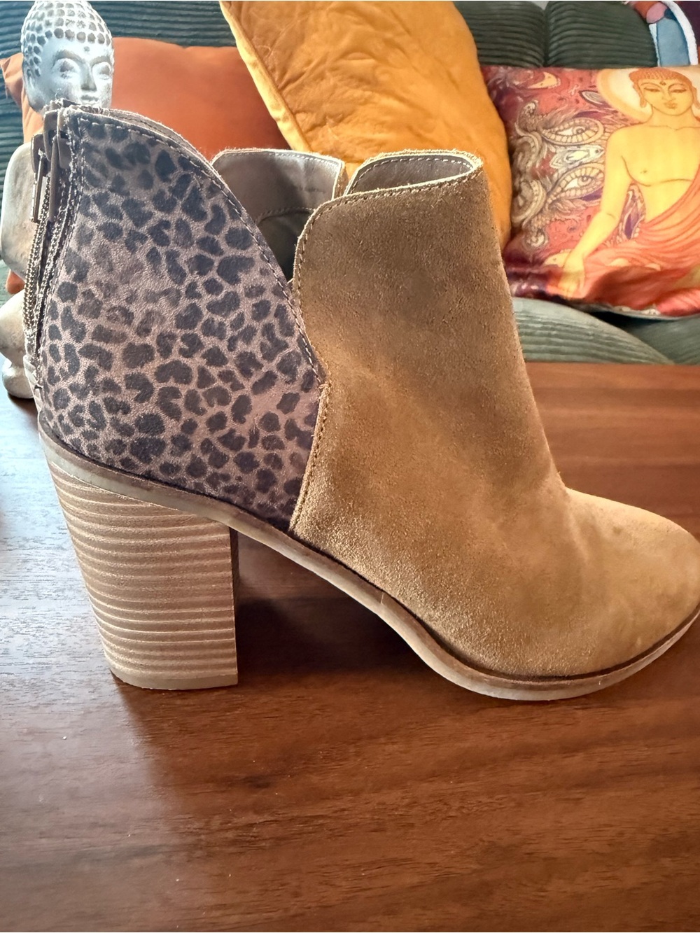Suede Ankle Bootie with Leopard Heel Accent in Brown